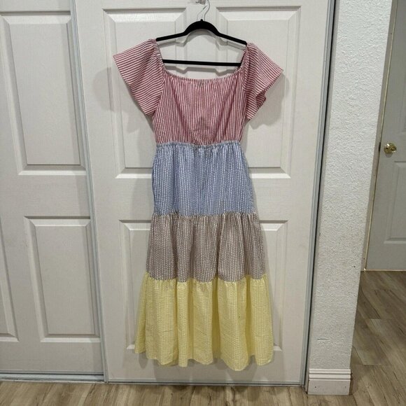 Women’s Farrow Seersucker Stripe Maxi Dress‎ Color block Striped Size Medium M - Picture 4 of 7